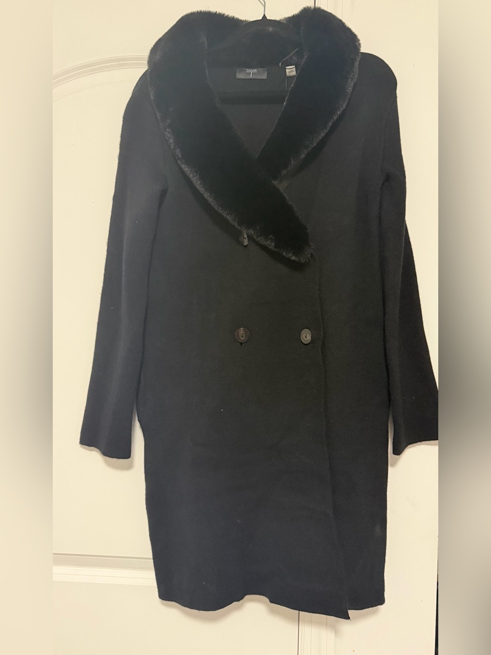 NWT Tahari Faux Fur Collar Double Breasted Knit Cardigan Coat Duster